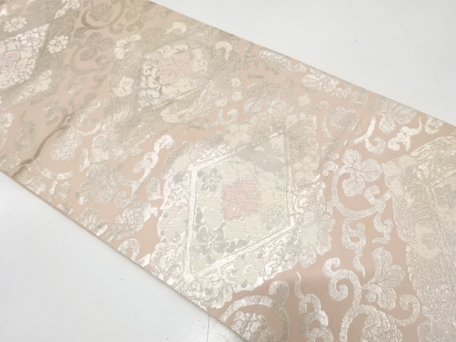 アンティーク　菱に花唐草・尾長鳥模様織り出し袋帯（材料）